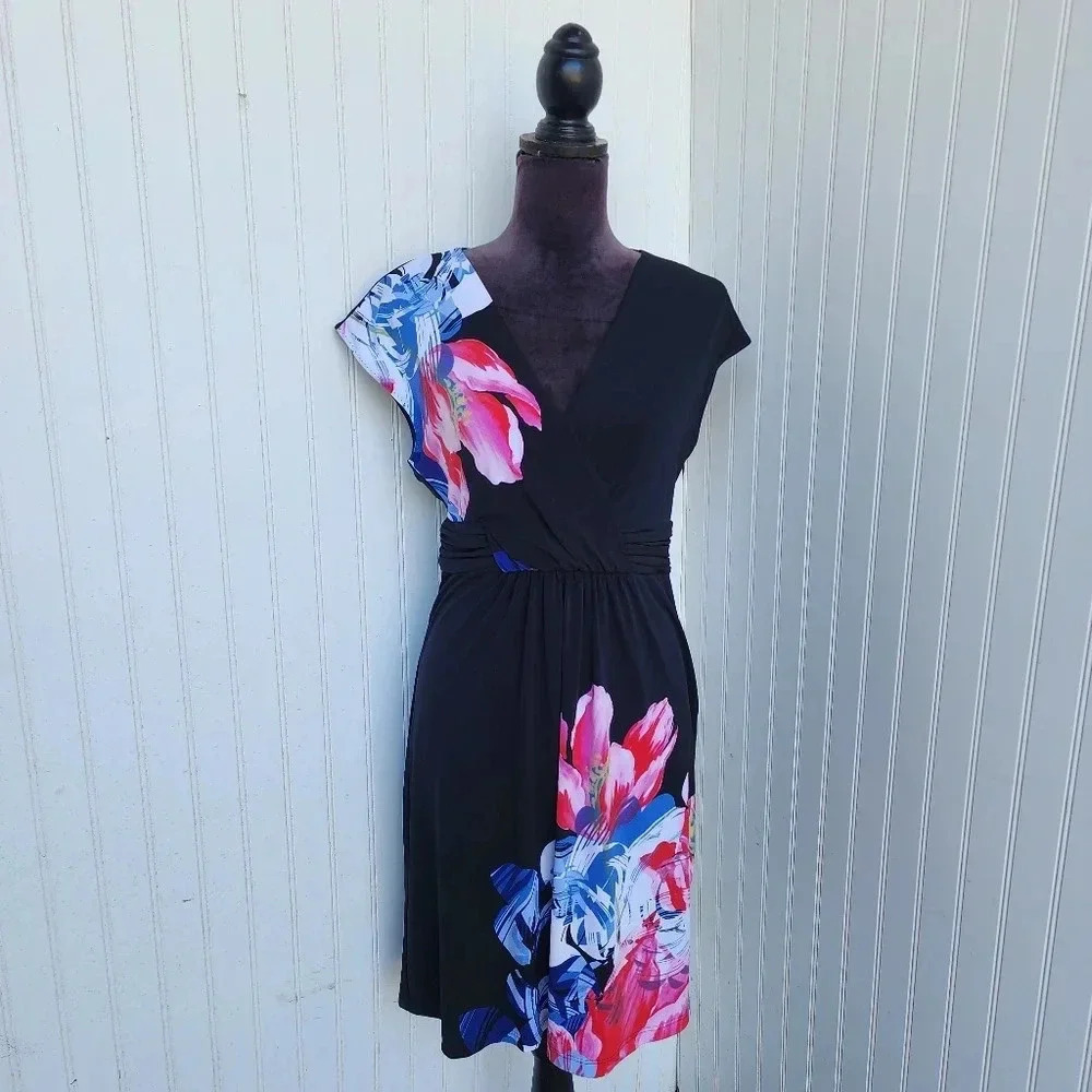 T Tahari Womens Sheath Knee Length Dress Blue Red Black Floral Stretch Zip Sz S